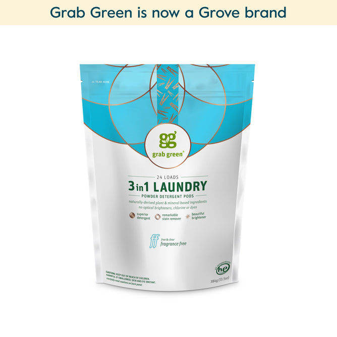 A pack of grab green 3 in 1 Laundry Detergent Pods - Fragrance Free (Coming Soon!) for 24 loads, with detergent, brightener, and stain remover; label notes grab green is now a Grove brand.