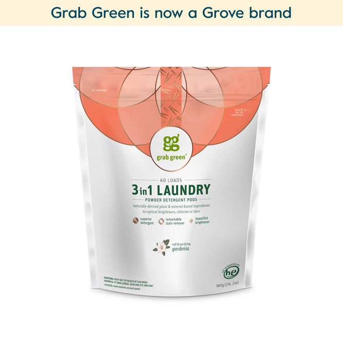 A package of grab green 3 in 1 Laundry Detergent Pods - Gardenia (Coming Soon!) is shown with the message, grab green is now a Grove brand. The detergent offers 60 loads and botanical fragrance, plus effective stain-fighting power.
