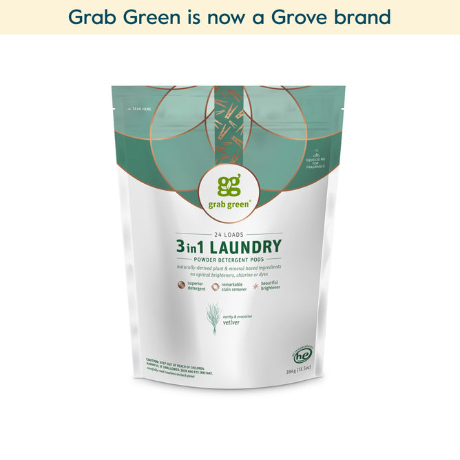 The 3 in 1 Laundry Detergent Pods - Vetiver by grab green (Coming Soon!) handle 24 loads, work as a detergent and stain remover, and are now part of the Grove brand.