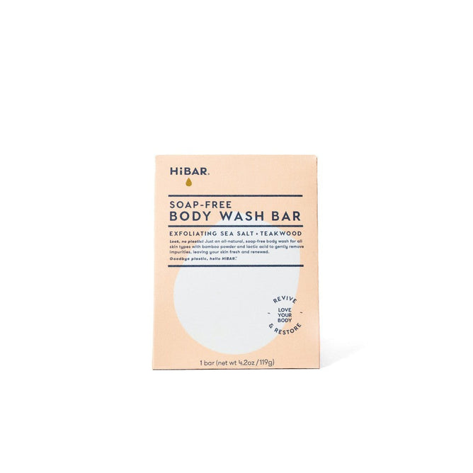 A box of HiBAR Exfoliate Body Wash Bars features a minimalist peach and white design with blue and black text.