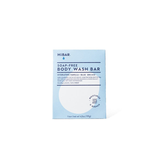 A light blue box of HiBAR Hydrate Body Wash Bar, a soap-free, pH-balanced, non-comedogenic bar in Hydrating Vanilla & Blue Orchid scent. Contains one 3.2 oz (91g) moisturizing bar.