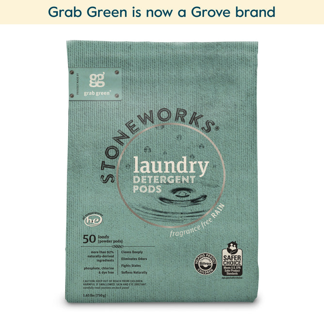A teal bag of grab green Stoneworks Laundry Detergent Pods - Rain (Coming Soon!) sits front and center. Text above reads, grab green is now a Grove brand. Cleans deeply and neutralizes odors with every wash.
