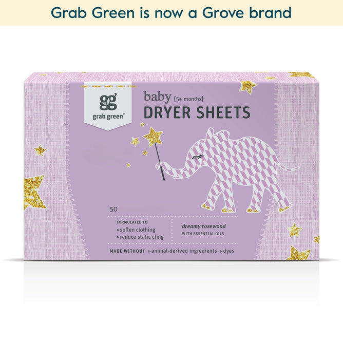 A box of grab green Baby Dryer Sheets (5+ Months) - Rosewood (Coming Soon!), with 50 sheets to soften fabrics and reduce static cling, features a pink and white elephant with gold stars on a light purple background.