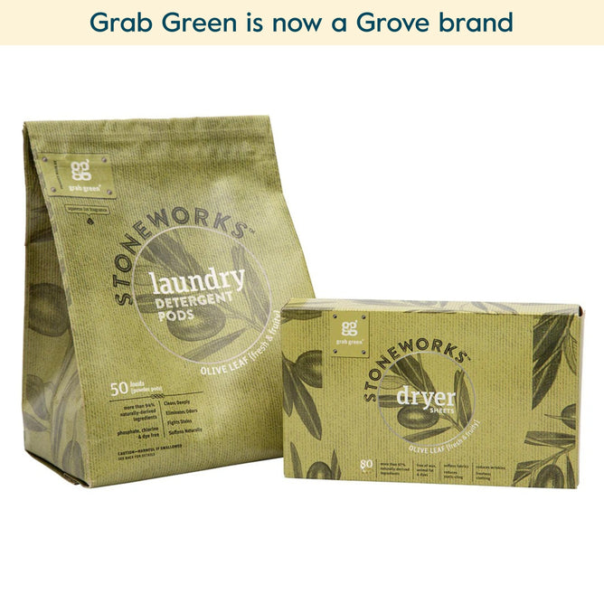 Two green packages of grab green Stoneworks Laundry Pods and Dryer Sheet Kit - Olive Leaf (Coming Soon!) with leaf designs are displayed side by side. Text above reads, Grab Green is now a Grove brand.