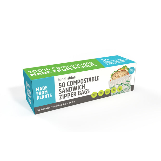 The Lunchskins Ziptop Compostable Sandwich Bag box contains 50 eco-friendly, plant-based sandwich zipper bags, highlighted by green and white packaging. An image of a sandwich enhances their practical appeal.