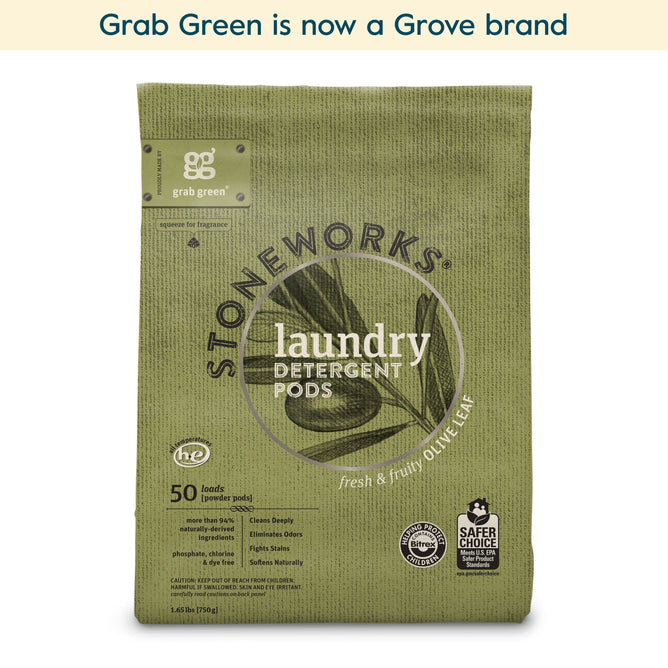 A green pack of grab green Stoneworks Laundry Detergent Pods - Olive Leaf (Coming Soon!), with nature-inspired scents. Icons show 50 pods, HE compatible, Safer Choice certified. Fights stains. Now a Grove brand.