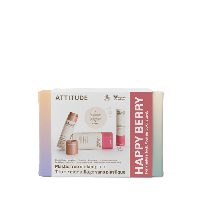 The Oceanly Makeup Trio Set by ATTITUDE features a pastel-colored box with three plastic-free sticks: blush, highlighter, and lip gloss. The vegan formulas use natural ingredients for eco-friendly beauty.