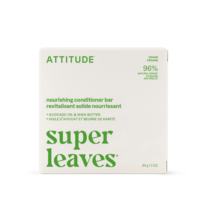 A white box of ATTITUDE super leaves Conditioner Nourishing (85g/3oz) features green text, highlights avocado oil, shea butter, a vegan formula with blue clay, and contains 96% naturally derived ingredients.