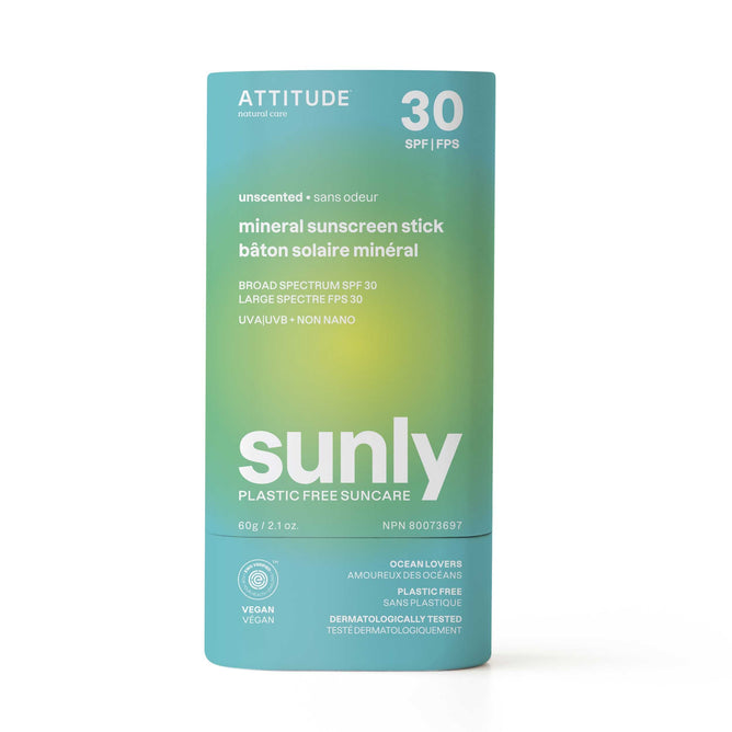 ATTITUDE Sunly Sunscreen Stick SPF30, 60g, comes in light blue and green gradient packaging. It’s unscented, plastic free, vegan, and uses non-nano zinc oxide for broad spectrum protection.