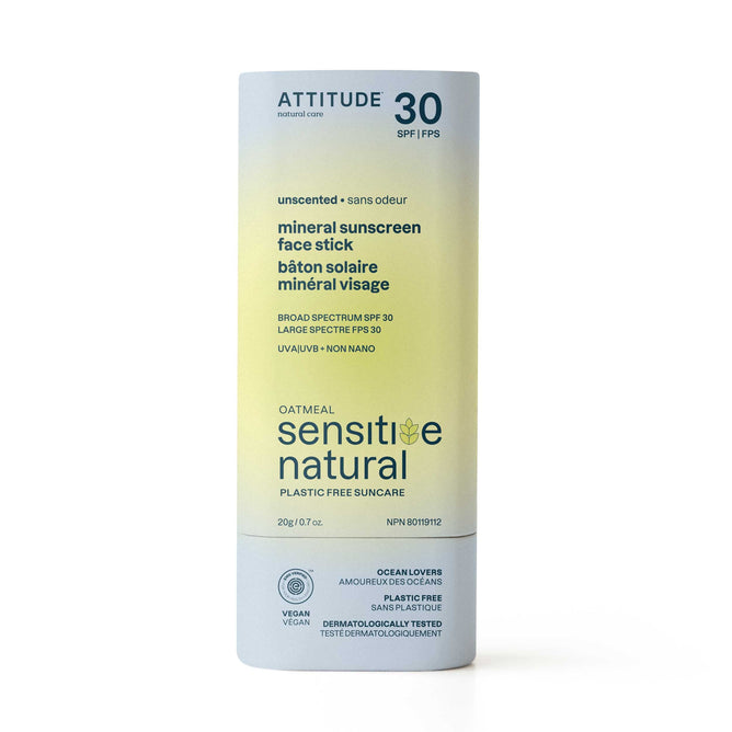 A cylindrical tube of ATTITUDE oatmeal sensitive natural Sunscreen Stick SPF30 features a cream and light green label, EWG VERIFIED®, non-nano zinc oxide, unscented, vegan, ocean-friendly, and plastic-free—ideal for sensitive skin.