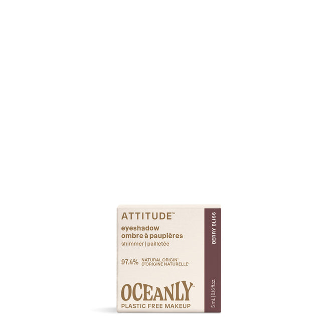 A compact square box of Oceanly Eyeshadow by ATTITUDE in Berry Vibes, featuring 97.4% natural origin, vegan ingredients, and a beige-brown design—an ideal plastic-free choice for eco-conscious makeup lovers.