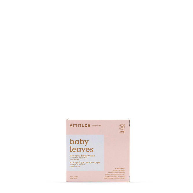 A light pink box of ATTITUDE baby leaves Shampoo and Body Soap is centered on a white background. The minimalist packaging in soft colors is gentle and perfect for sensitive skin.