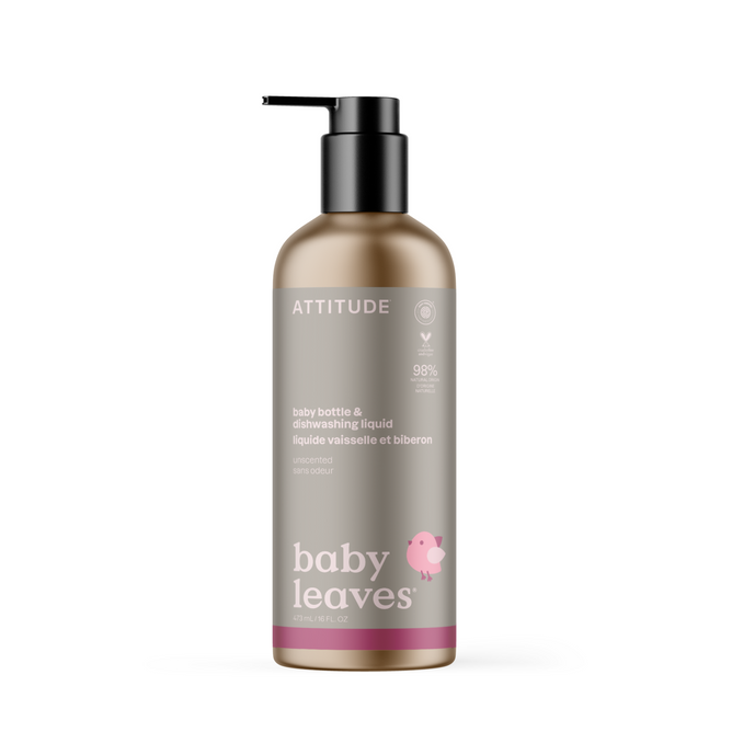 A bottle of ATTITUDE baby home essentials Baby Bottle & Dishwashing Liquid features a pump, an EWG VERIFIED® unscented formula, 98% natural origin content, and a label with a pink bird illustration.