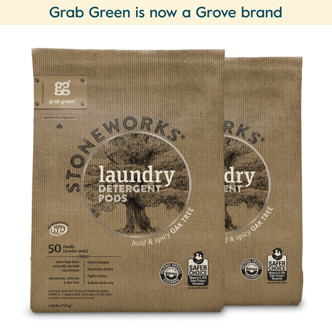 Two packs of grab green Stoneworks Laundry Detergent Pods - Oak Tree, each with 50 pods. Featuring a bold, nature-inspired scent. Coming soon from Grove!.