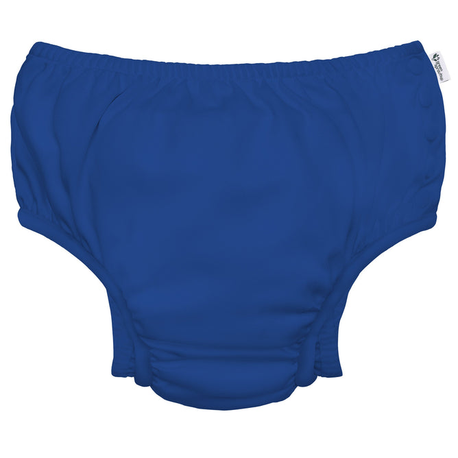 The Eco Snap Swim Diaper by Green Sprouts, designed for 18-month-olds (22-25 lbs), features blue recycled polyester with elastic waist and leg openings for a comfortable swim. A small white tag accents the waistband.