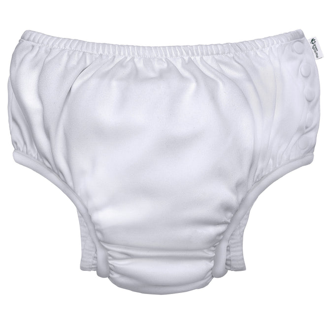 The Green Sprouts Eco Snap Swim Diaper, designed for 24-month-olds (24-28 lbs), is crafted from recycled polyester. It features button snaps on the side for easy adjustment and has an elastic waistband and leg openings, offering a smooth, comfortable fit for eco-conscious parents.