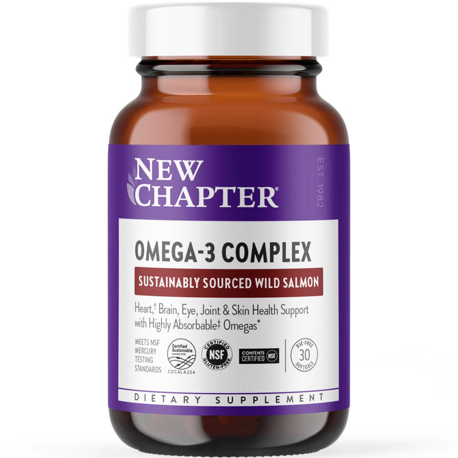 Brown bottle of New Chapter Omega-3 Complex with a purple and white label, featuring sustainably sourced Alaskan salmon oil and supporting heart, brain, eye, joint, and skin health.
