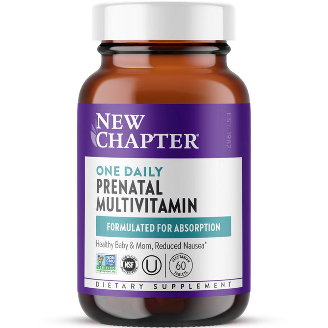 A brown bottle of New Chapter One Daily Prenatal Multivitamin with a white cap and a purple, white, and teal label, featuring Methylfolate and Choline for absorption, plus Non-GMO and NSF certifications.