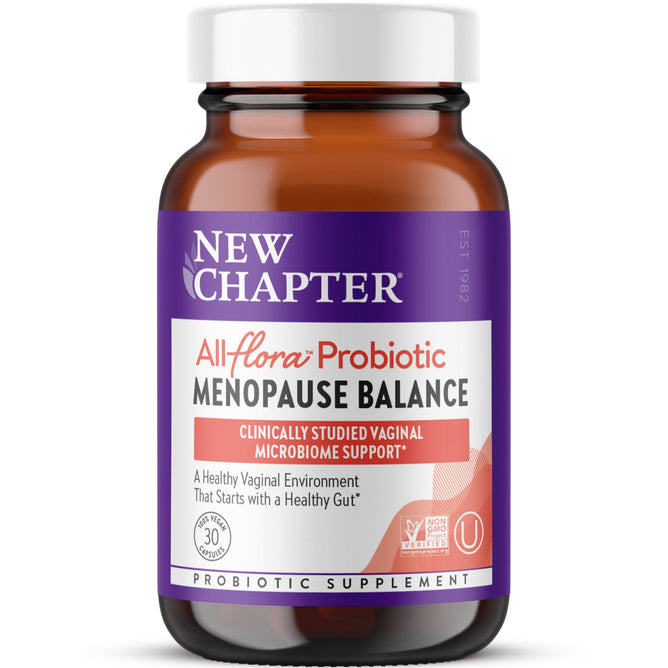 A New Chapter brown glass bottle labeled All Flora Probiotic Menopause Balance offers supplements for optimal probiotics supporting the vaginal microbiome and gut health, containing 30 vegetarian capsules with certification symbols on the label.