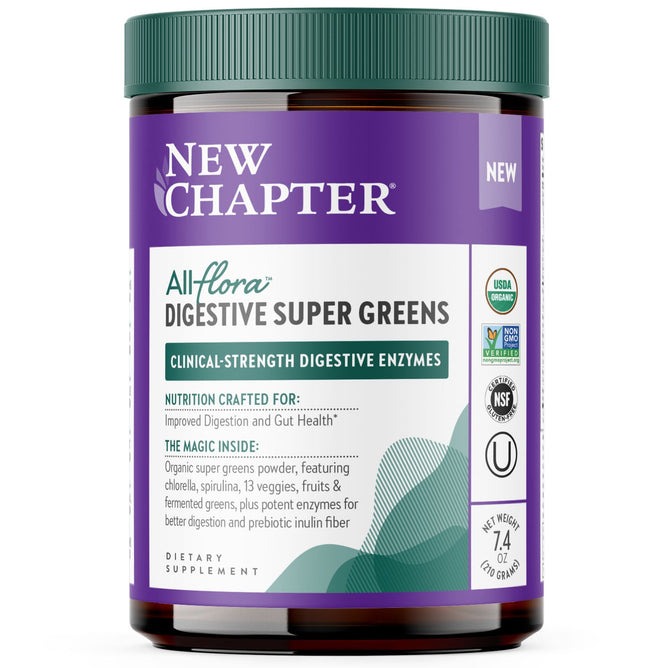 A 7.4 oz container of New Chapters All Flora Digestive Super Greens offers a clinical-strength digestive enzyme complex, organic prebiotic fiber, and boasts USDA organic certification, all emphasizing improved digestion and gut health.