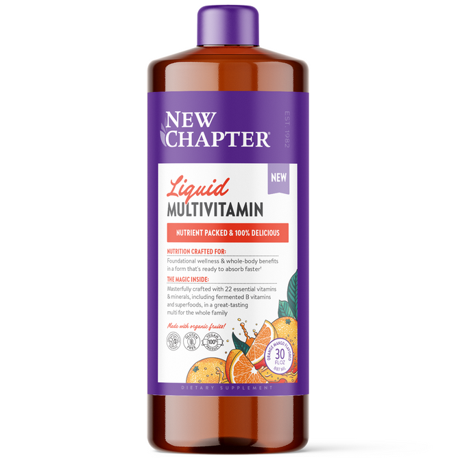 A 30-fl. oz. New Chapter Liquid Multivitamin bottle with a purple cap displays Nutrient Packed & 100% Delicious on its label, featuring vibrant fruits, and promotes quick absorption with fermented B vitamins for optimal health.