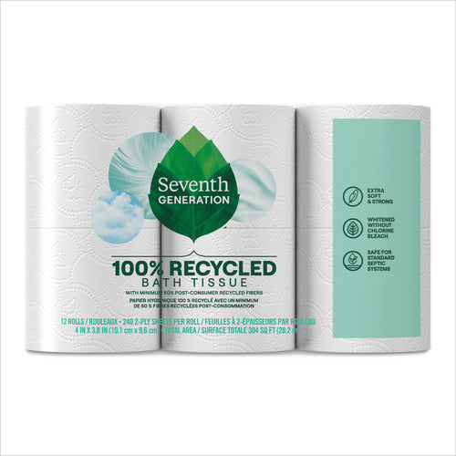Seventh Generation 2-Ply Bathroom Tissue, with its leaf-covered packaging, emphasizes its 100% recycled paper, extra softness, chlorine bleach-free content, and absence of dyes, inks, or fragrances. It is septic-safe and includes 12 rolls of 240 sheets each.