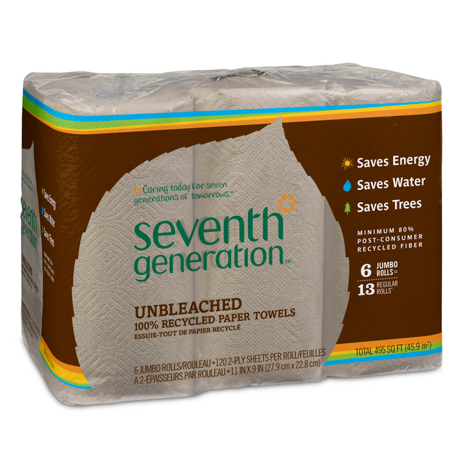 Seventh Generations Unbleached Paper Towels, featuring six jumbo rolls (120 sheets each), are eco-friendly, engineered to conserve energy, water, and trees. They absorb spills swiftly while promoting the brands commitment to caring today for seven generations of tomorrows.