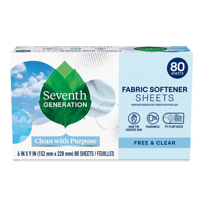 Seventh Generation Fabric Softener Sheets, Free & Clear, 80 count, feature plant-based ingredients and are fragrance-free for sensitive skin. Packaging displays a green leaf logo, blue sky, and icons highlighting these benefits.