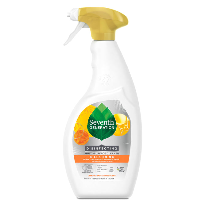 Seventh Generation Multi-Surface Disinfectant Cleaning Spray in a white bottle with yellow nozzle and citrus graphics kills 99.99% of household germs and features a refreshing Lemongrass Citrus scent.
