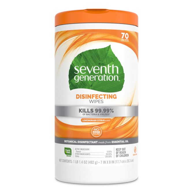 A cylindrical container of Seventh Generation Multi-Surface Disinfecting Wipes in lemongrass citrus scent kills 99.99% of bacteria and viruses. Contains 70 wipes. White packaging features orange and green accents.