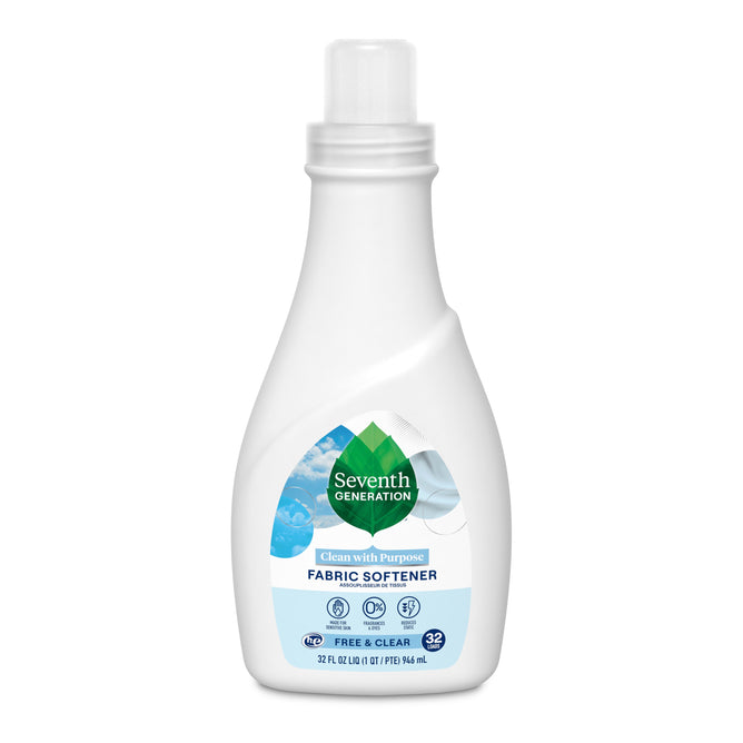 A 32 fl oz white Seventh Generation Liquid Fabric Softener bottle labeled Free & Clear, featuring a green and blue label. This non-toxic formula is designed for 32 loads.