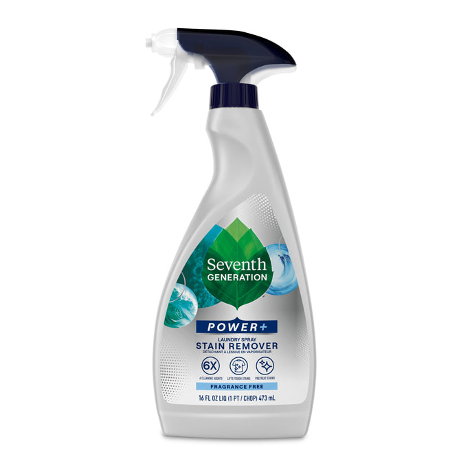 A 16 fl oz spray bottle of Seventh Generation Laundry Stain Remover, fragrance free, features a plant-based formula and Leaping Bunny certification. The label shows green leaves, blue water, and product details on the front.