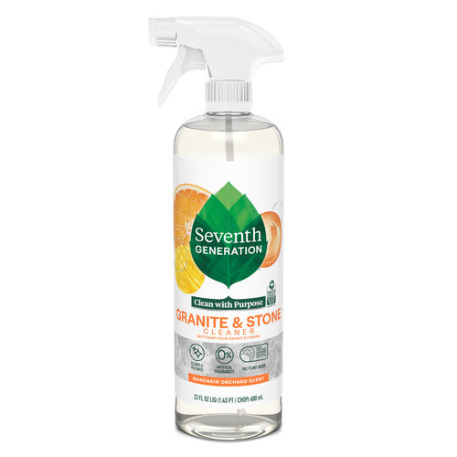 Seventh Generation Granite & Stone Cleaner comes in a clear spray bottle with images of orange slices and green leaves. This non-toxic cleaner has a refreshing mandarin-orange scent and is ideal for cleaning granite and stone surfaces.