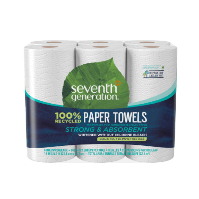Seventh Generation Paper Towel, 140 sheets per roll, comes in a six-pack with green and blue packaging. Made from 100% recycled paper, its labeled Strong & Absorbent and whitened without chlorine bleach for an eco-friendly choice.