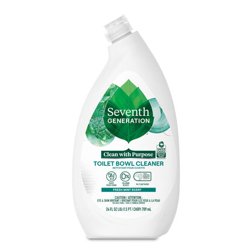 Seventh Generation Toilet Bowl Cleaner, 24 fl oz (709 mL), features a white bottle with green leaf design and a Fresh Mint Scent. Its natural formula is free from harsh chemicals.
