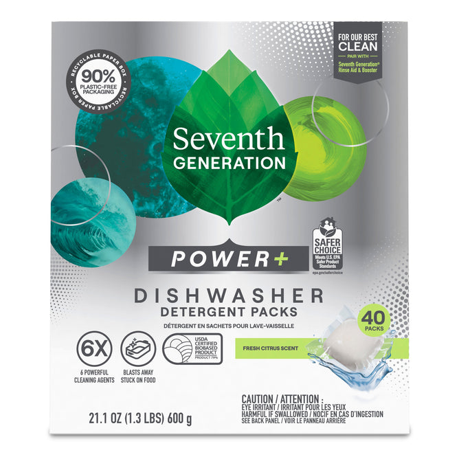 Seventh Generation Power+ Dishwasher Detergent Packs feature 40 citrus-scented packs, 6 cleaning agents, eco-friendly packaging, and a bold green leaf design.