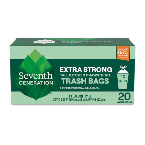 Seventh Generations green and white box of 13 Gal Tall Kitchen Drawstring Trash Bags contains 20 tear-resistant white bags made with Genecore® 3-layer technology. Each bag, measuring 2 ft x 2.07 ft, is crafted from 65% recycled materials.