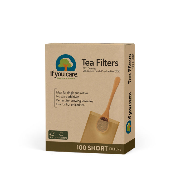 The If You Care Short Unbleached Tea Filters come in eco-friendly packaging, featuring 100 chlorine-free filters perfect for sustainable tea brewing. An image of a wooden spoon with tea underscores its purpose.