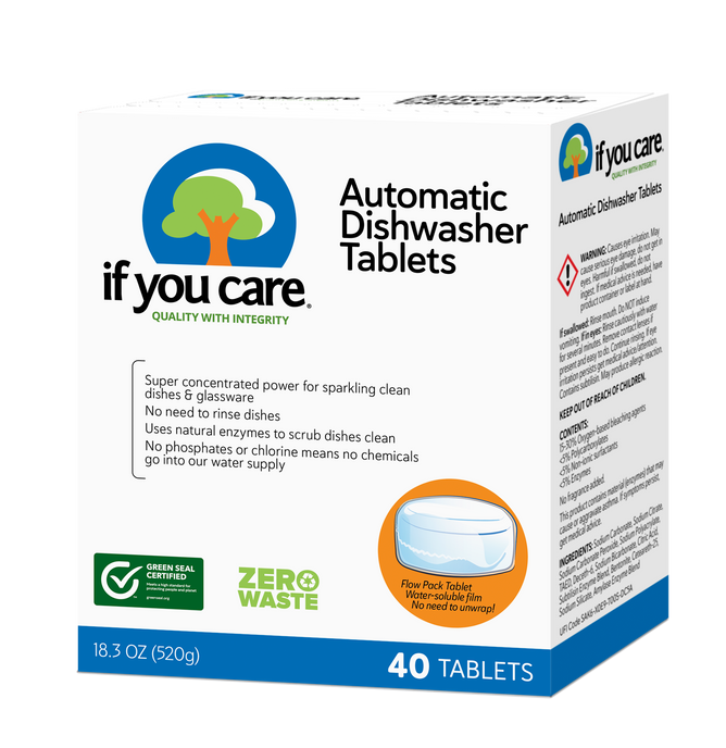 The 40-tablet pack of If You Care Automatic Dishwasher Tablets features eco-friendly, non-toxic labels and promotes zero waste. It removes the need to rinse dishes and contains no phosphates or chlorine.