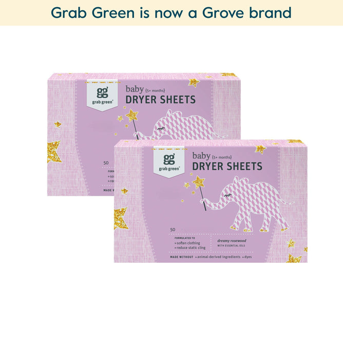 Two boxes of grab green Baby Dryer Sheets (5+ Months) - Rosewood are shown, each with 50 sheets to naturally soften fabrics and reduce static cling. The packaging features a pink elephant design.