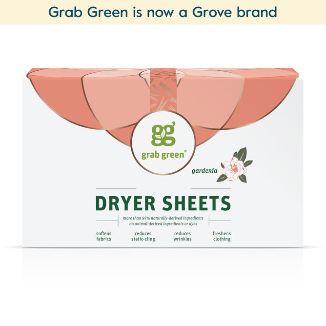 A box of grab green Classic Dryer Sheets - Gardenia (Coming Soon!) with a floral design highlights: reduces static, softens fabrics, minimizes wrinkles, and freshens clothes. A banner reads, “grab green is now a Grove brand.”.