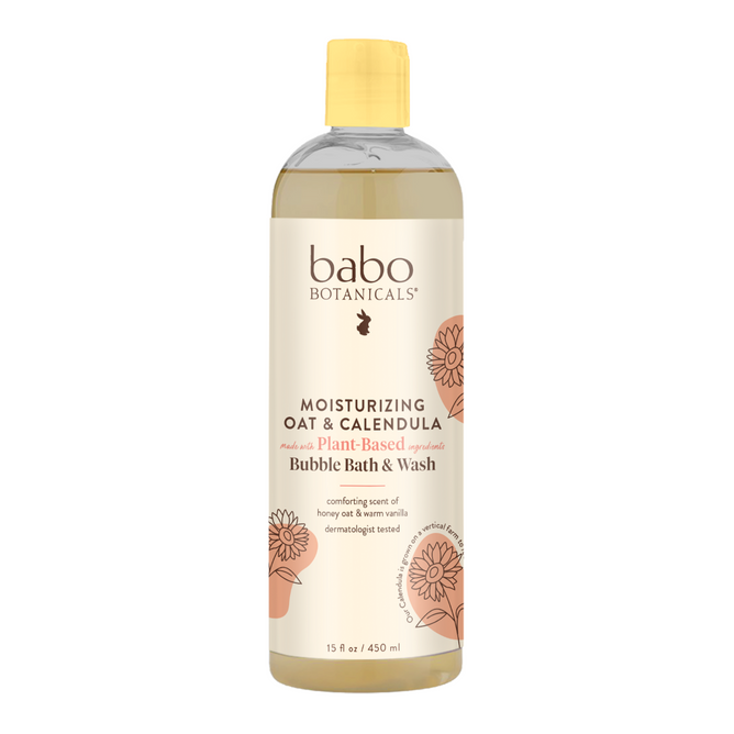Babo Botanicals Moisturizing Baby Bubble Bath & Wash features a yellow cap and floral illustrations. Infused with gentle colloidal oatmeal, it highlights plant-based ingredients and offers a comforting honey and vanilla scent.