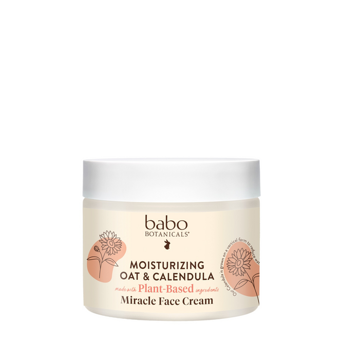 Babo Botanicals Miracle Moisturizing Cream, ideal for sensitive skin, blends moisturizing oat and calendula. This plant-based cream, rich in botanical ingredients, is elegantly packaged with floral designs.