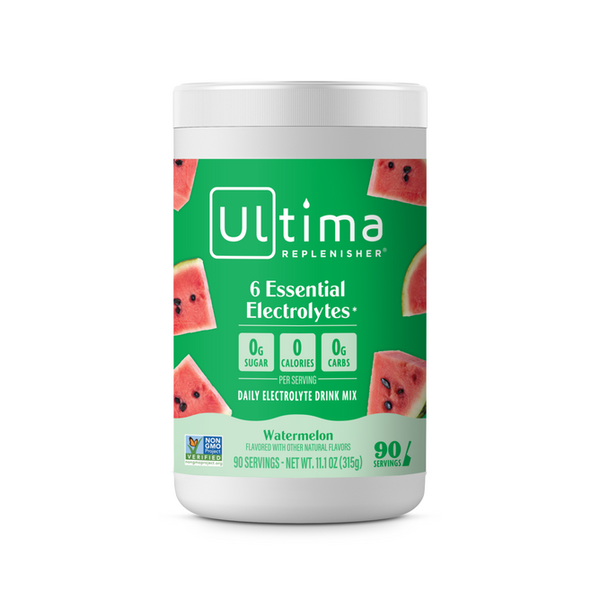 A container of Ultima Replenisher’s Broad Spectrum Electrolyte Mix - For Hydration in Watermelon flavor, featuring 6 essential electrolytes, 0g sugar, 0 calories, and 0g carbs per serving; includes 90 servings.