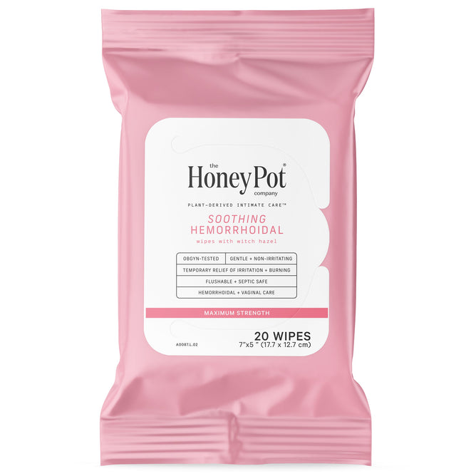 A pink pack of The Honeypot Company Soothing Witch Hazel Hemorrhoidal Wipes—20 gentle, flushable wipes (7x5) for non-irritating, plant-derived hemorrhoid relief and intimate care.