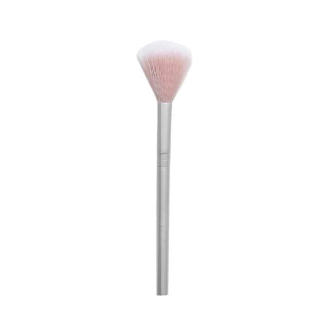 The RMS Beauty Skin2Skin Classic Fan Brush features a silver handle and fluffy, soft bristles—white at the tips fading to light pink—crafted for flawless powder highlighter application, shown against a plain white background.