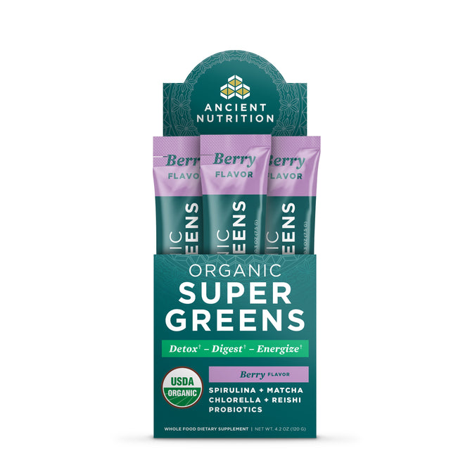 A 4.2 oz box of Ancient Nutritions Organic Super Greens Powder with Berry Flavor features Detox, Digest, and Energize benefits. Enriched with spirulina, matcha, chlorella, reishi adaptogenic herbs, and probiotics.