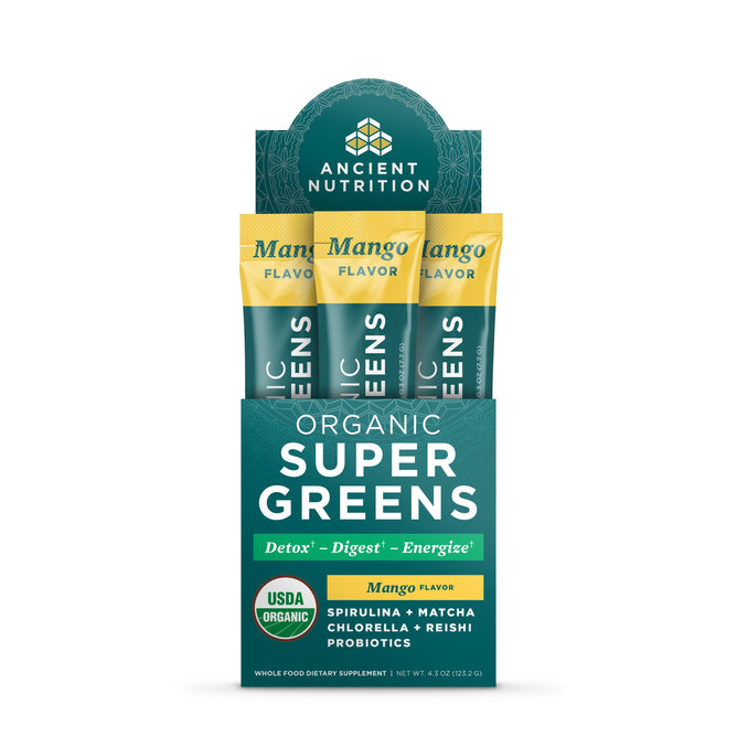Ancient Nutrition Organic Super Greens Powder, 4.3 oz, in mango flavor comes in a vibrant green and yellow package. Highlighted text emphasizes Detox, Digest, and Energize with cleansing greens. The USDA Organic logo is prominently displayed.