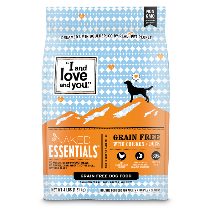 Introducing I and Love and Yous Naked Essentials Grain-Free Chicken and Duck Recipe Dry Dog Food, featuring USA farm-raised chicken and duck flavors. The vibrant bag shows a dog silhouette on blue and orange while offering Omega 3 & 6 fatty acids with no fillers, artificial ingredients, or grains.