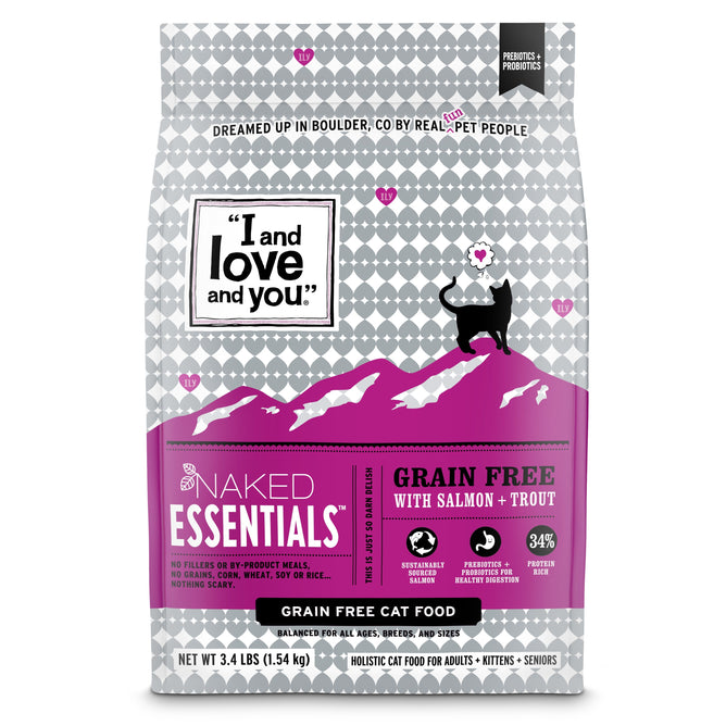 A 3.4 lb (1.54 kg) bag of I and Love and Yous Naked Essentials Salmon & Trout Recipe Grain-Free Dry Cat Food, enriched with Omega fatty acids, features a cat silhouette over a mountain range in pink and white.